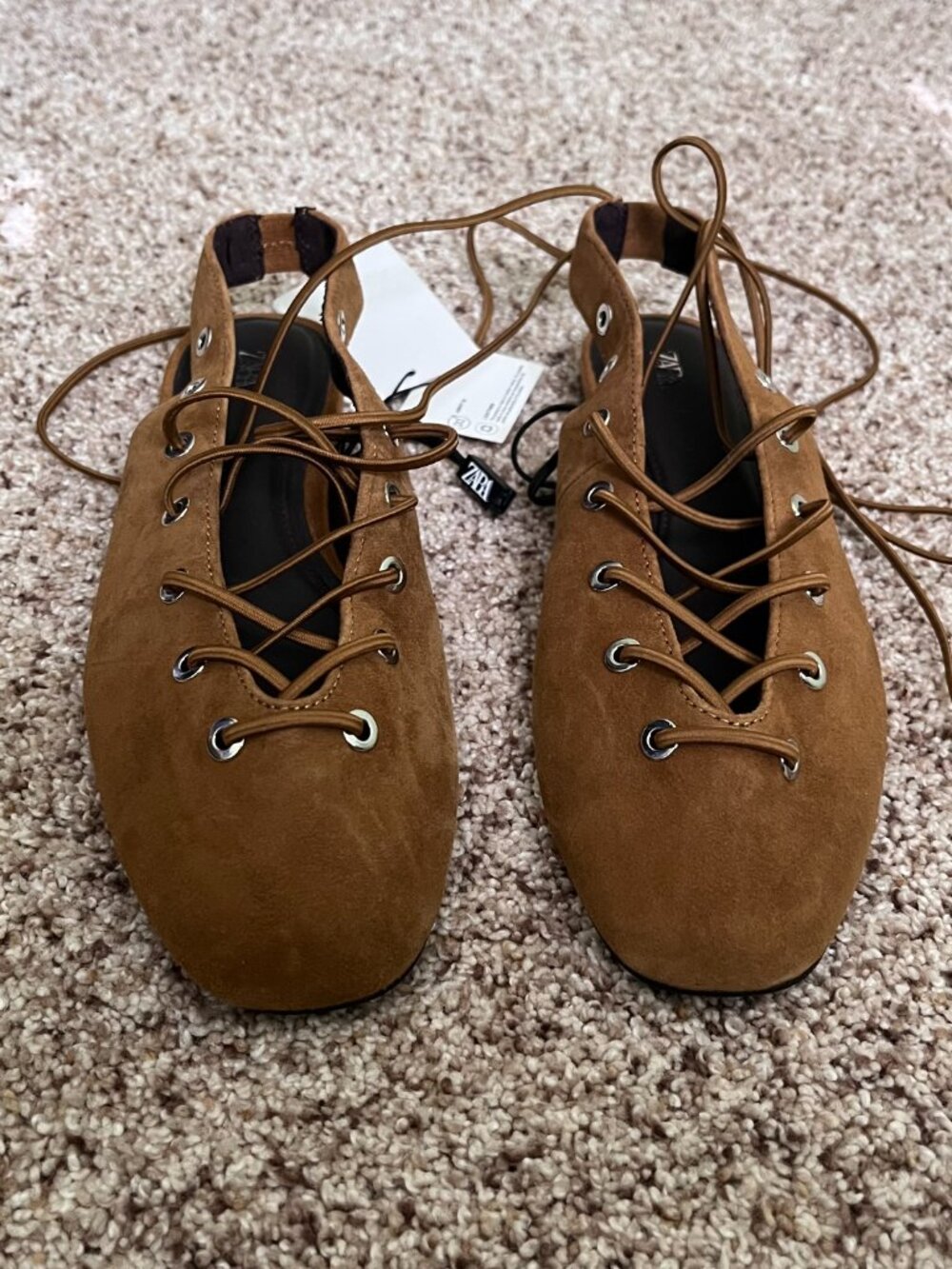ZARA Dark Tan Suede Slingback Ballet Flats Lace Up Eyelet Shoes Size 6 NWT Chic - Picture 7 of 10